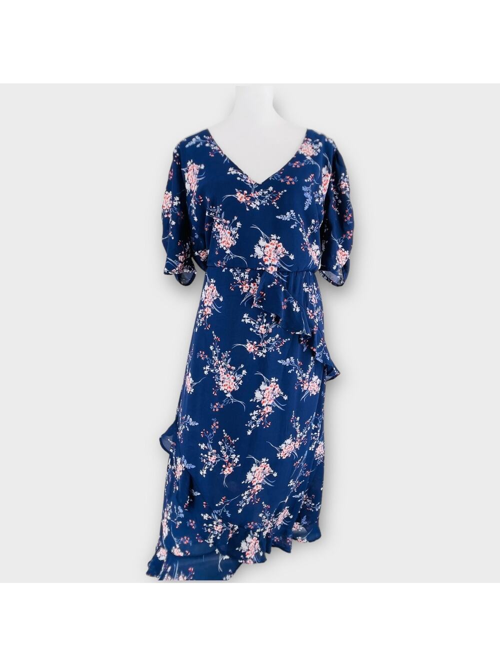 Spirit of Grace Hi Lo Wrap Style Long Floral Ruched Sleeve Ruffle Hem Dress XL